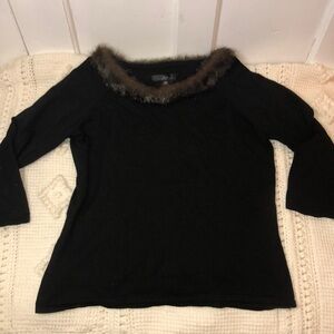 Silx by August Silk Black Brown Faux Fur Soft Knit 3/4 Sleeve Top Sweater